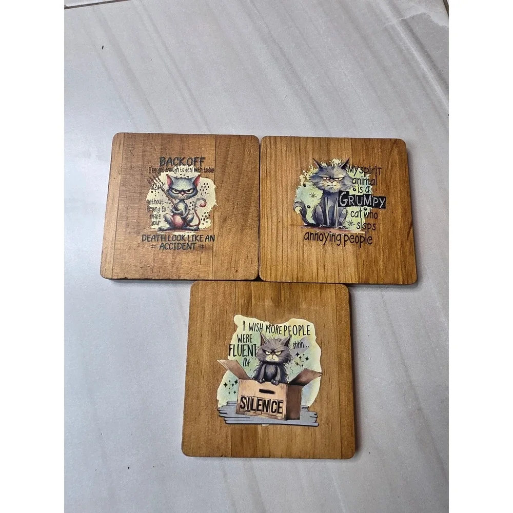 Grumpy Cat Wooden Coasters Set of 3 Snarky Humor Rustic Drink‎ Mats Brown F1